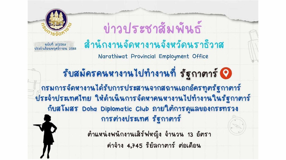จัดหางานนราธิวาส เปิดรับสมัคร “พนักงานเสิร์ฟหญิง” 13 อัตรา ไปกาตาร์ สมัครได้ถึง 4 ธ.ค. 