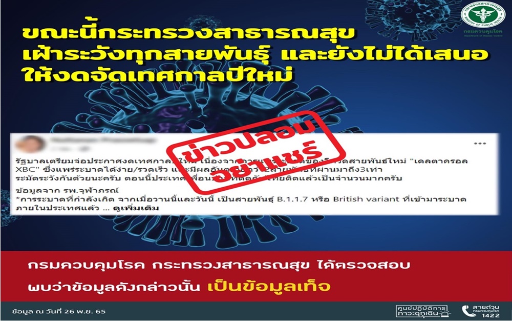 กรมควบคุมโรค โต้ข่าวปลอม รบ.งดจัดเทศกาลปีใหม่ เพราะพบโควิดสายพันธุ์ใหม่