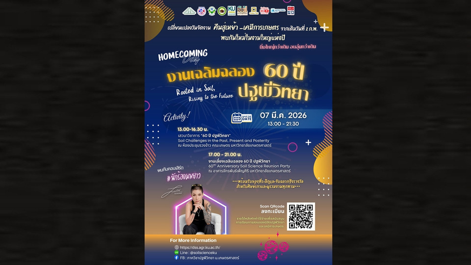 ปฐพีวิทยา มก. ฉลองครบรอบ 60 ปี จัดเสวนา “ความท้าทายทางดิน” พร้อมงานคืนสู่เหย้า 7 มี.ค.นี้
