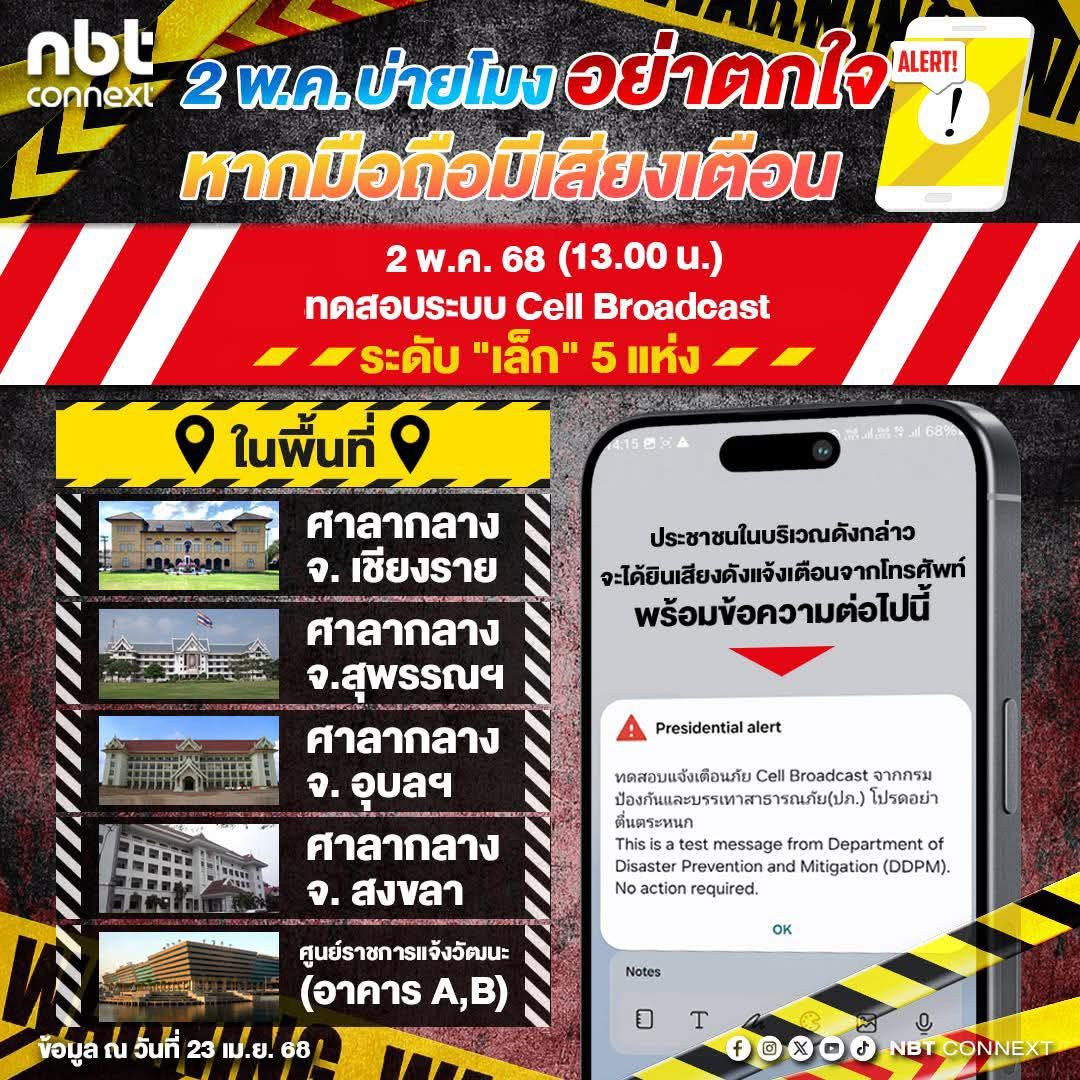 อย่าตกใจ! มือถือมีเสียงเตือนดังบ่ายโมงวันนี้ แค่ทดสอบระบบ Cell Broadcast ระดับเล็ก 5 แห่ง 