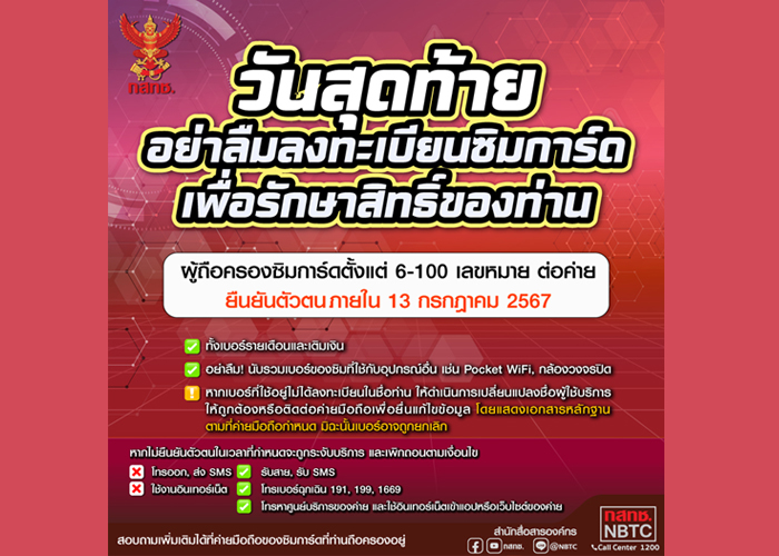 ด่วน! วันสุดท้ายลงทะเบียนซิมการ์ดเพื่อรักษาสิทธิ์ สำหรับผู้ถือครองซิมการ์ดตั้งแต่ 6-100 เลขหมาย