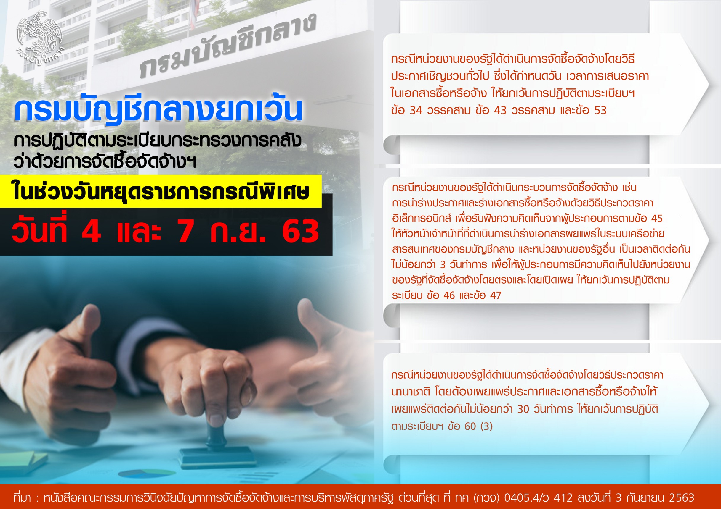 กรมบัญชีกลางยกเว้นการปฏิบัติตามระเบียบคลังว่าด้วยการจัดซื้อจัดจ้างวันหยุด 4 และ 7 ก.ย.63