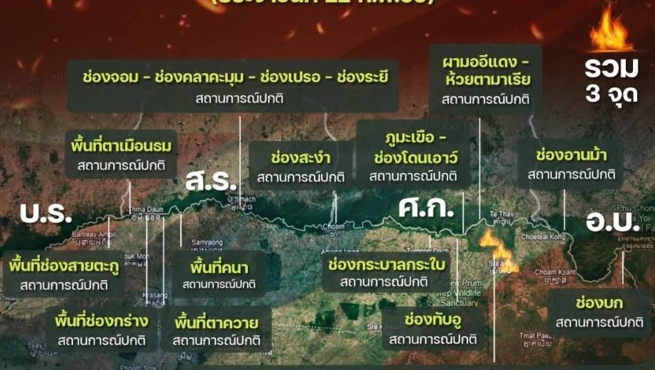 กองทัพภาค 2 แจงไฟป่าชายแดนไทย–กัมพูชา ปะทุ 3 จุดฝั่งเพื่อนบ้าน ใกล้ “อุบลฯ-ศรีสะเกษ” คุมสถานการณ์ได้