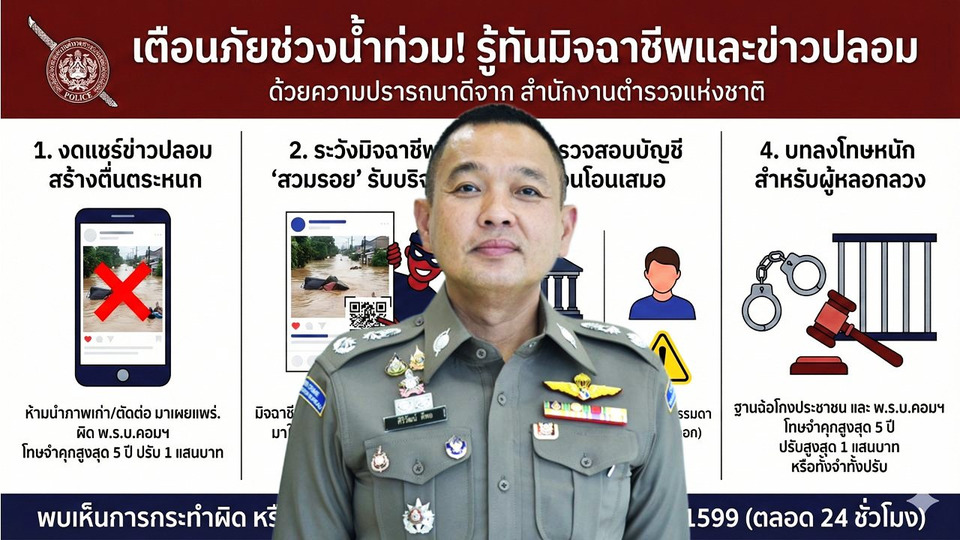 เตือน!! เช็กก่อนเชื่อ ชัวร์ก่อนโอน ระวังข่าวปลอม–แก๊งหลอกเรี่ยไรช่วยน้ำท่วมทิพย์