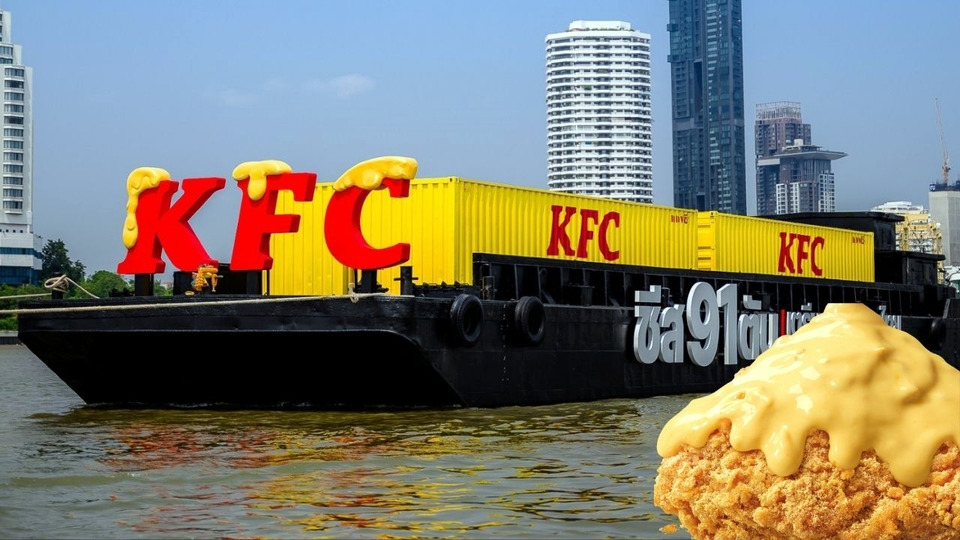 KFC สร้างปรากฏเกินชีส! ขนชีส 91 ตัน ล่องเจ้าพระยา เปิดตัวเมนู "ไก่กรอบชีสซี่ลาวา"
