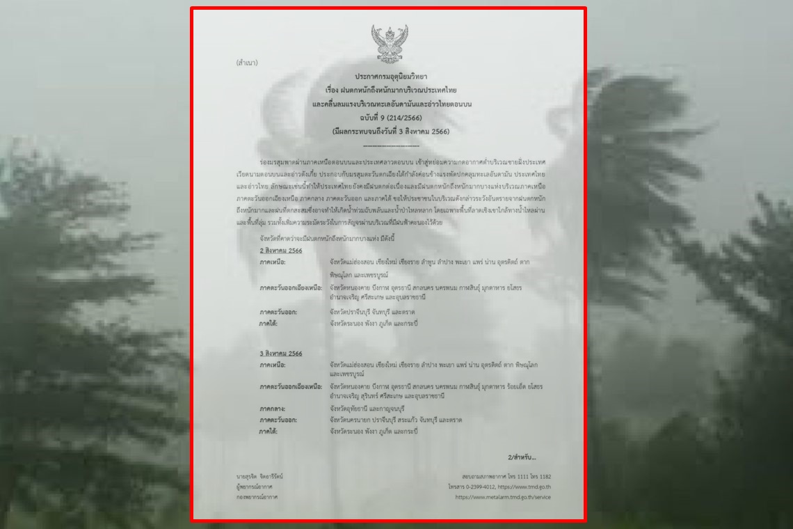 กรมอุตุฯ ประกาศ ฉ.9 เตือนฝนหนักถึงหนักมาก น้ำท่วมฉับพลัน ระวังการสัญจรผ่านบริเวณที่มีฝนฟ้าคะนอง