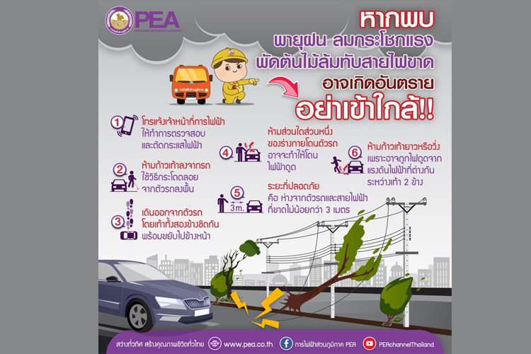 การไฟฟ้าส่วนภูมิภาค เตือนอันตรายเกี่ยวกับการใช้ไฟฟ้ากรณีเกิดพายุฝน ลมกระโชกแรง