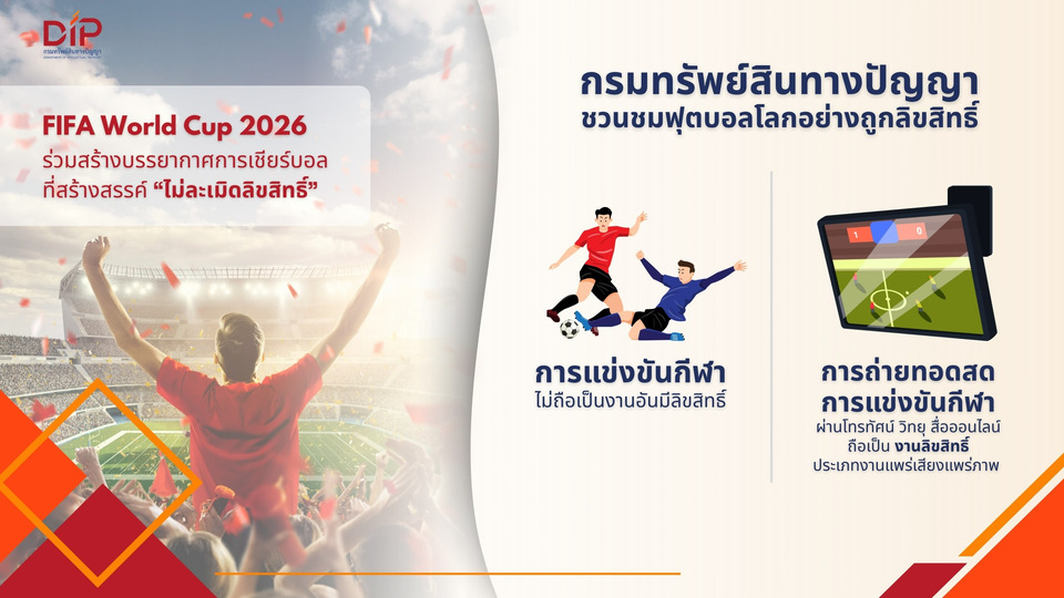 กรมทรัพย์สินฯ ชวนคอบอลชม “ฟุตบอลโลก 2026” ถูกลิขสิทธิ์ แนะปชช.-ผปก. สร้างบรรยากาศเชียร์บอลสร้างสรรค์ ไม่ละเมิดลิขสิทธิ์