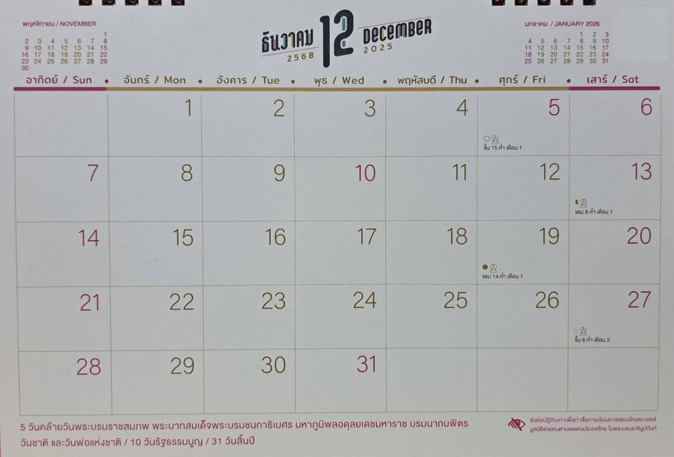 เช็กที่นี่! วันหยุดยาวเดือน "ธันวาคม" 2568 มีวันหยุดต่อเนื่อง ช่วงไหนบ้าง