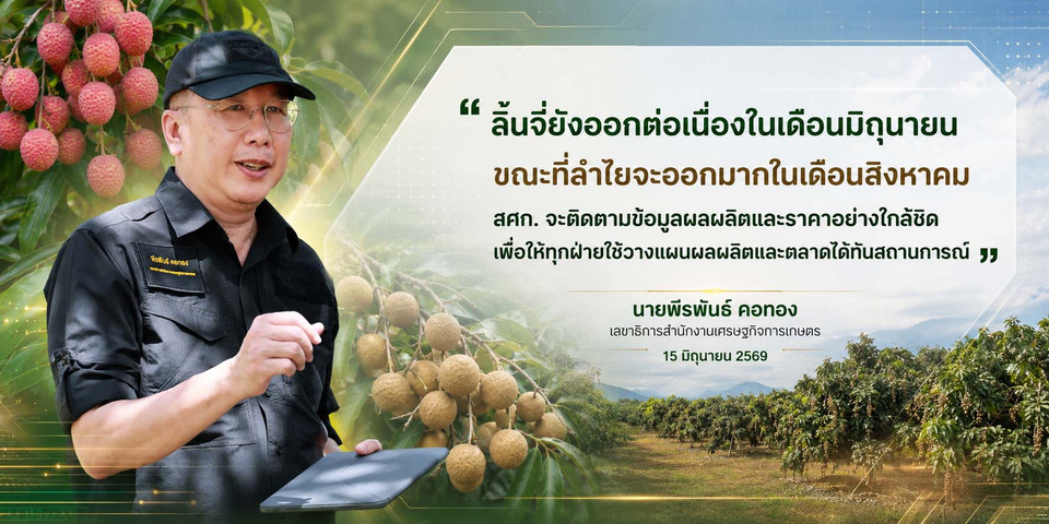 สศก. เผยประมาณการลำไย–ลิ้นจี่ ปี 2569 ลิ้นจี่ยังออกต่อเนื่อง มิ.ย. ขณะที่ลำไยออกมาก ส.ค.