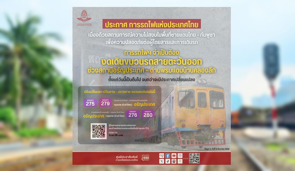  การรถไฟฯ งดเดินขบวน “อรัญประเทศ-ด่านพรมแดนบ้านคลองลึก” ชั่วคราว