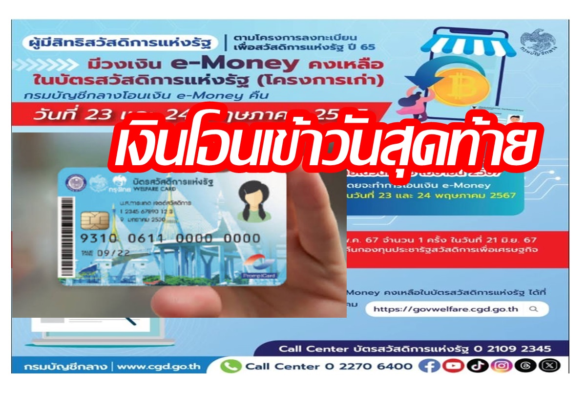 บัตรสวัสดิการแห่งรัฐโอนเงินคงเหลือ e-Money รอบสุดท้ายวันนี้ 24 พ.ค.67 เปิดขั้นตอนตรวจสอบวงเงินเข้าบัญชี