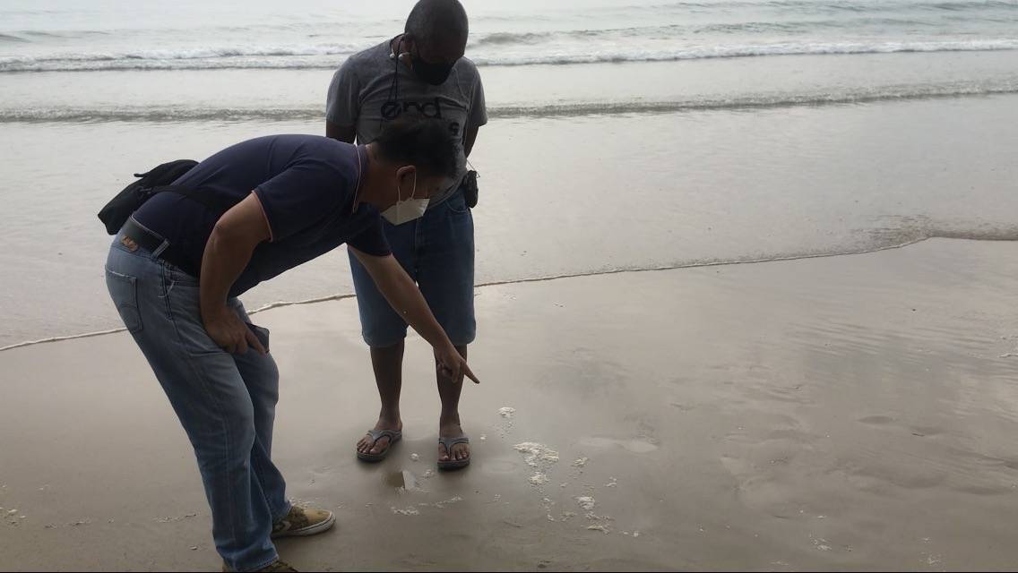 ฟองปริศนาโผล่หาดแม่รำพึงเจ้าหน้าที่เร่งใช้โฟมบูมลากกำจัด 