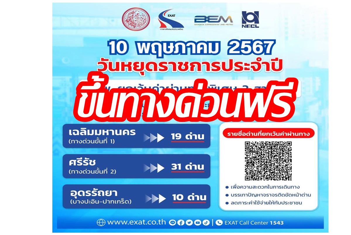 "วันพืชมงคล" 10 พฤษภาคม ขึ้นฟรีทางด่วน 3 สาย รวม 60 ด่าน เช็กเลยด่านไหนบ้าง!
