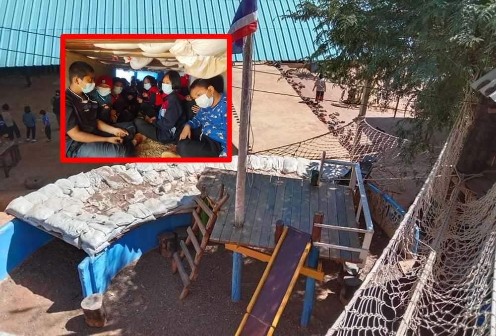 นักเรียนบ้านท่าตาฝั่ง ซ้อมหลบลูกระเบิดเข้า “เบบี้บังเกอร์” หลังทหารเมียนมา-KNU เปิดศึกรบถี่ยิบ