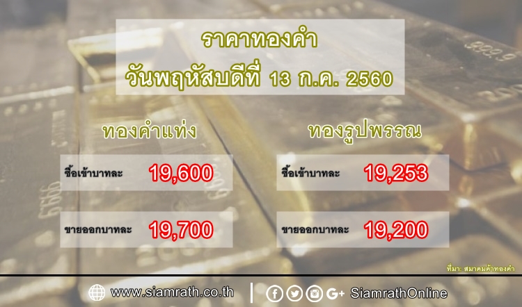 ราคาทองคำแท่ง-รูปพรรณ วันที่ 13 ก.ค. 60