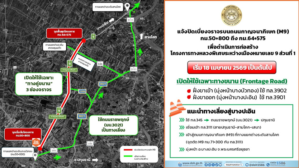 ทล.ลุยสร้าง M9 วงแหวนตะวันตก ส่วนที่ 1 บางบัวทอง – ลาดหลุมแก้ว เริ่ม 18 เม.ย. 69 นี้ แจ้งปรับจราจรใช้ช่องทางขนานทั้งหมด