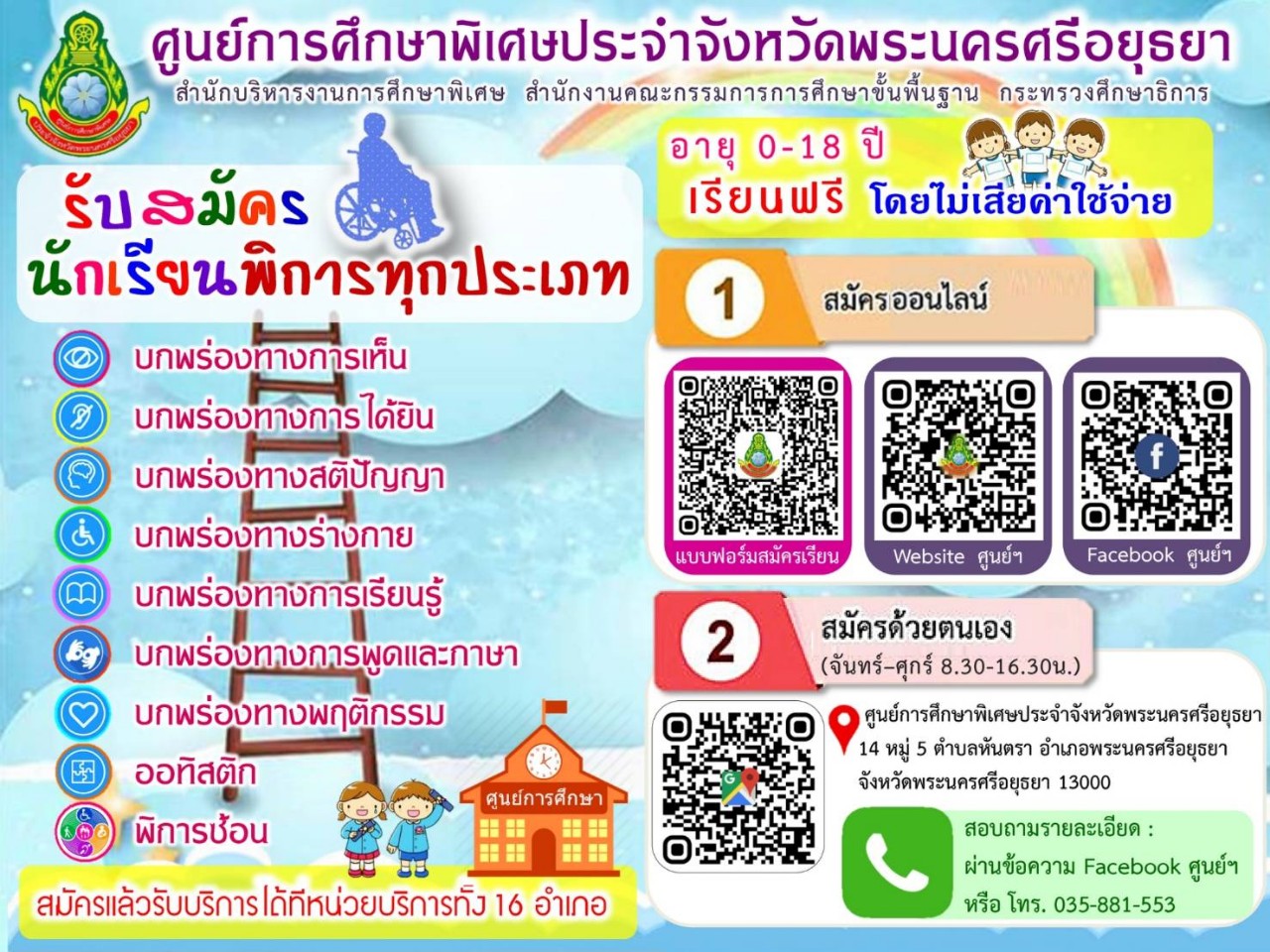 ศูนย์การศึกษาพิเศษอยุธยา พร้อมจัดการศึกษาให้กับคนพิการทุกประเภทอย่างครบวงจรทั้ง 16 อำเภอ