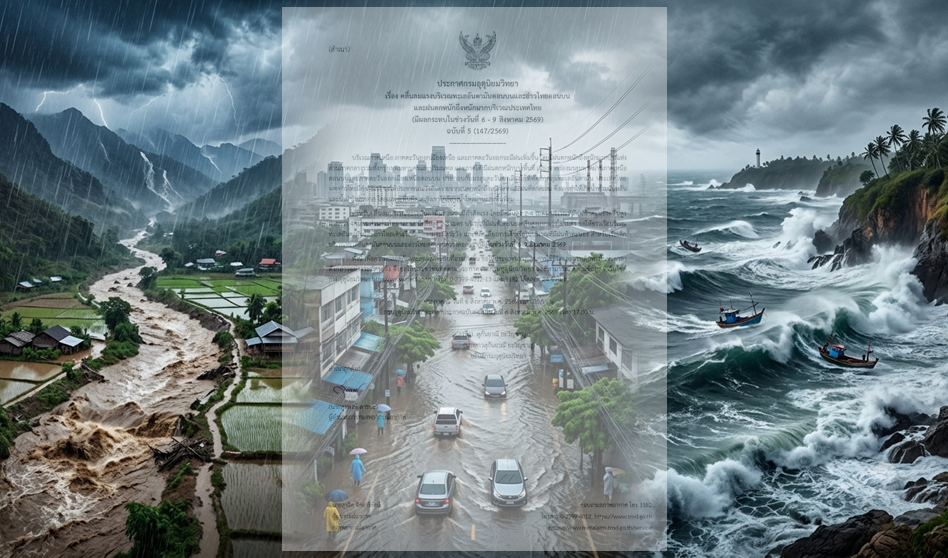 เตือนด่วน! กรมอุตุฯ ออกประกาศ ฉบับ 5 ฝนถล่มหนักทั่วไทย 6–9 ส.ค. ระวังน้ำท่วมฉับพลัน–ทะเลคลื่นสูง 4 เมตร
