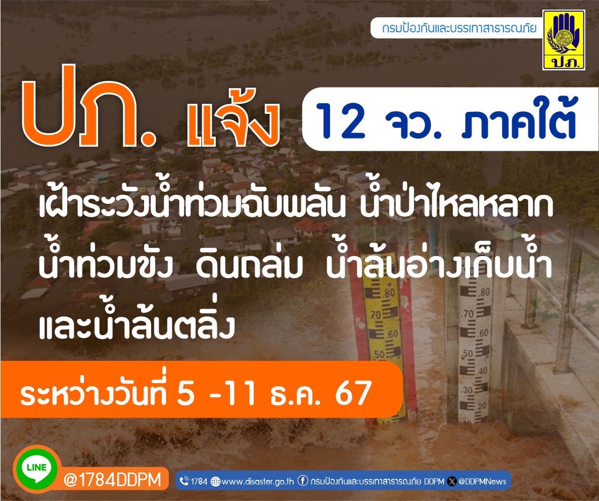 ปภ.แจ้ง 12 จังหวัดในพื้นที่ภาคใต้ เฝ้าระวังน้ำท่วมฉับพลัน น้ำป่าไหลหลาก