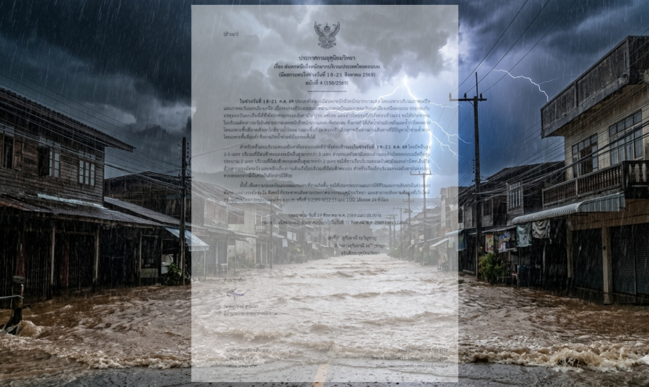 ด่วน! อุตุฯ เตือนฉบับที่ 4 ฝนตกหนักถึงหนักมาก 18-21 ส.ค.69 เช็กจังหวัดเสี่ยงน้ำท่วมฉับพลัน