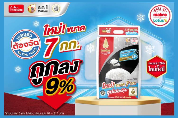 เจอแล้วต้องจัด : ข้าวหอมมะลิใหม่ตราฉัตร ขนาดใหม่ 7 กก. ใหญ่ขึ้น ประหยัดขึ้นจำหน่ายแล้วเฉพาะที่แม็คโครและโลตัส ทุกสาขาทั่วประเทศ