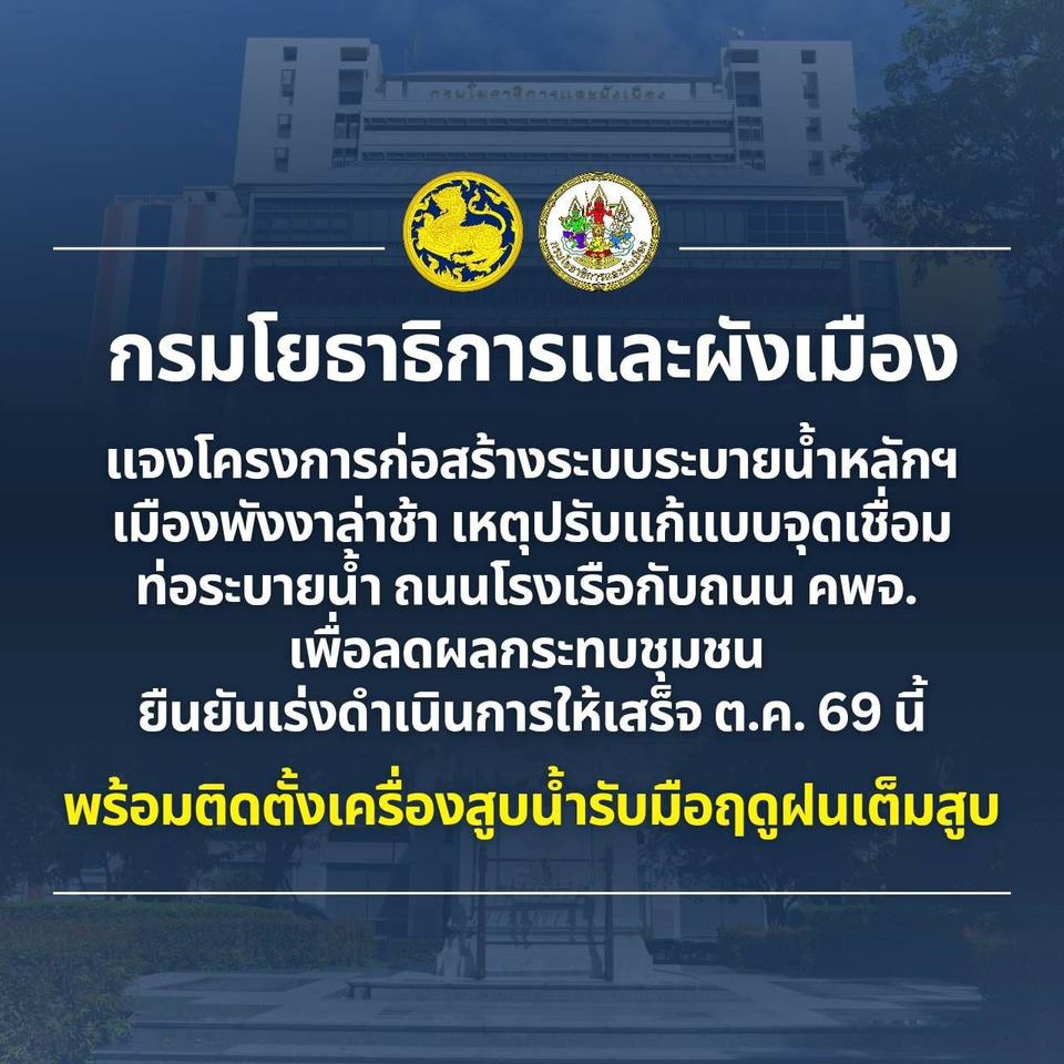 "กรมโยธาฯ"แจงยิบ! ปมท่อระบายน้ำเมืองพังงา 160 ล้านล่าช้า เหตุปรับแก้แบบเลี่ยงจุดขัดแย้งชุมชน สั่งติดเครื่องสูบน้ำรับมือหน้าฝน ยันเสร็จต.ค.นี