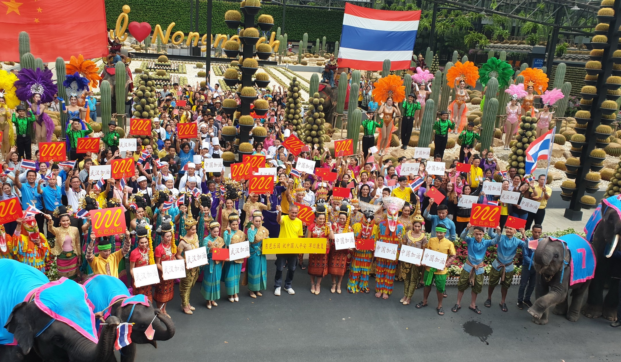 สวนนงนุช นำเจ้าหน้าที่นักแสดง ช้างแสนรู้ ร่วมส่งเสียงไปอู่ฮั่นและจีน สู้สู้ หลังต่อสู้ไวรัสโคโรน่า