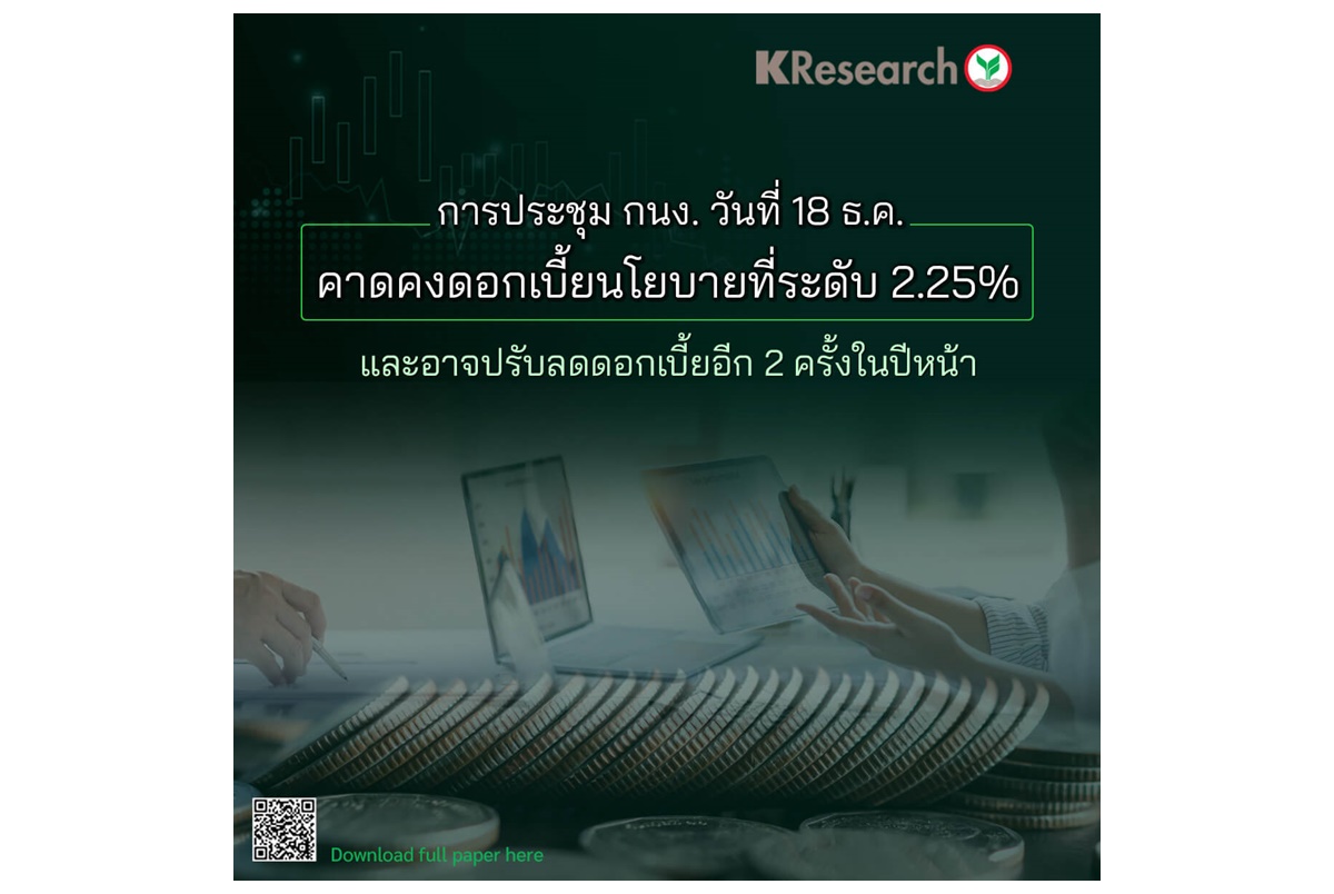 "ศูนย์วิจัยกสิกร" ฟันธง กนง.นัดส่งท้ายปีคงดอกเบี้ยนโยบายที่ 2.25% เก็งปีหน้าลด 2 ครั้ง