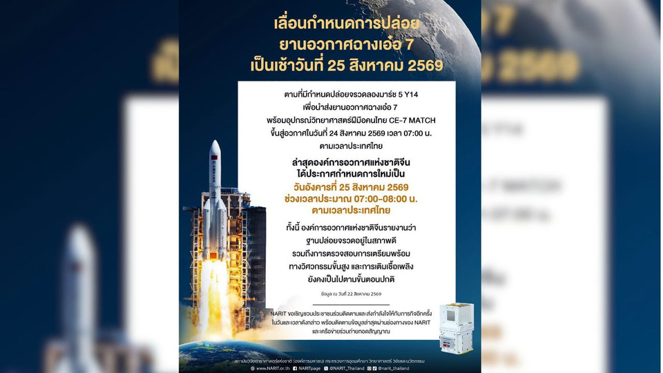 เลื่อนปล่อย “ฉางเอ๋อ 7” เป็น 25 ส.ค.ชวนคนไทยร่วมลุ้นภารกิจอวกาศ