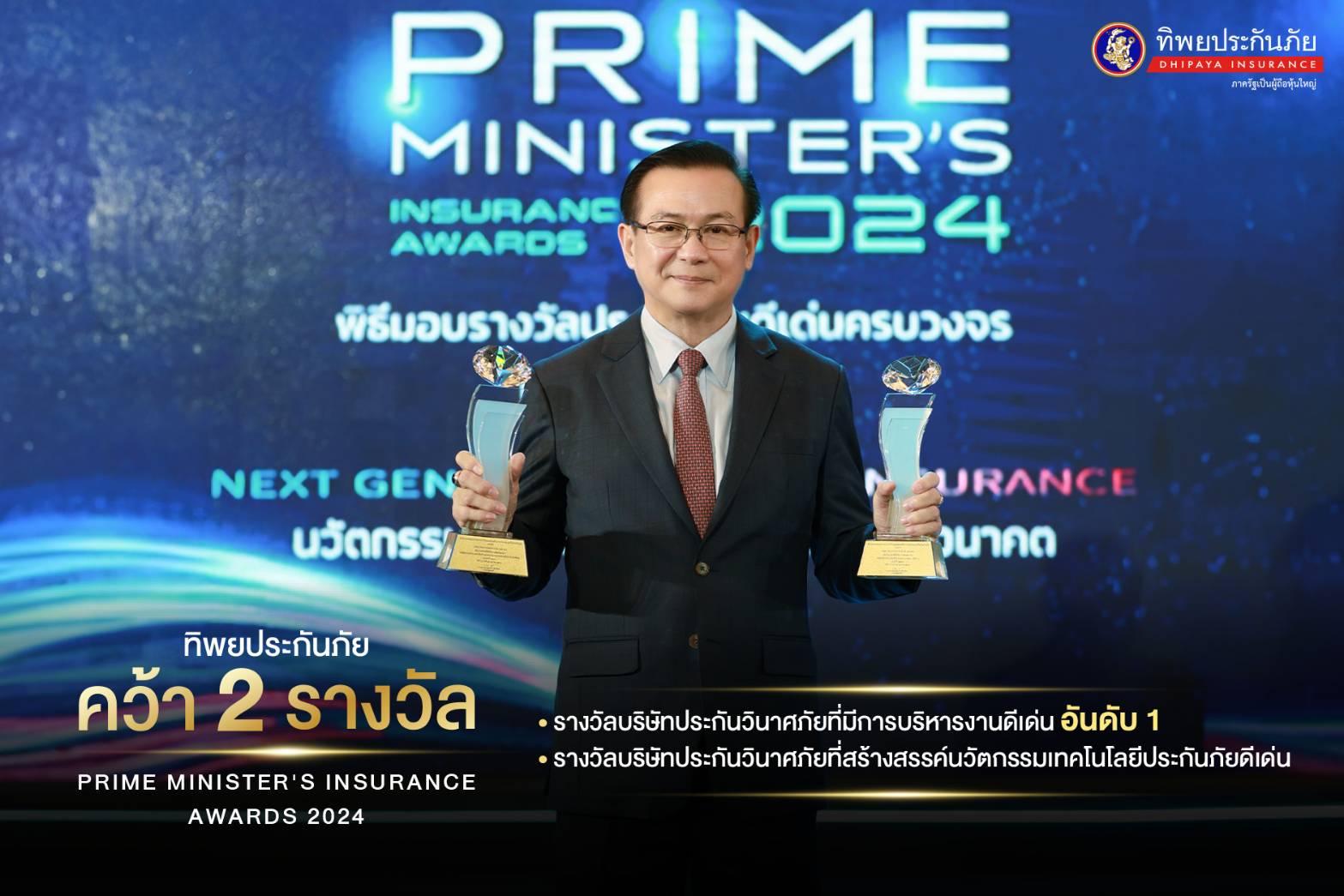 ทิพยประกันภัย คว้าสุดยอด 2 รางวัลทรงเกียรติจาก คปภ. อันดับหนึ่ง ต่อเนื่อง 3 ปีซ้อน  ตอกย้ำความเป็นเลิศในธุรกิจประกันวินาศภัยไทย