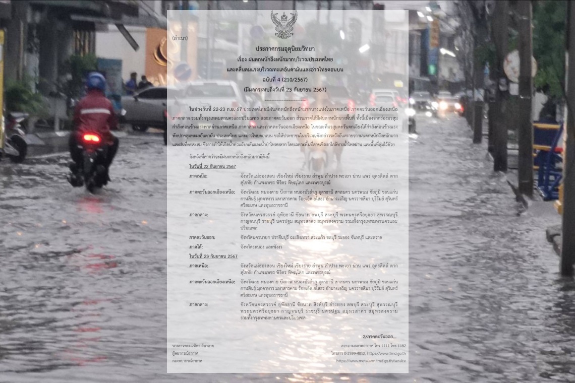 อุตุฯประกาศเตือนฉบับ4 รับมือฝนตกหนักมาก 22-23 กันยาฯ
