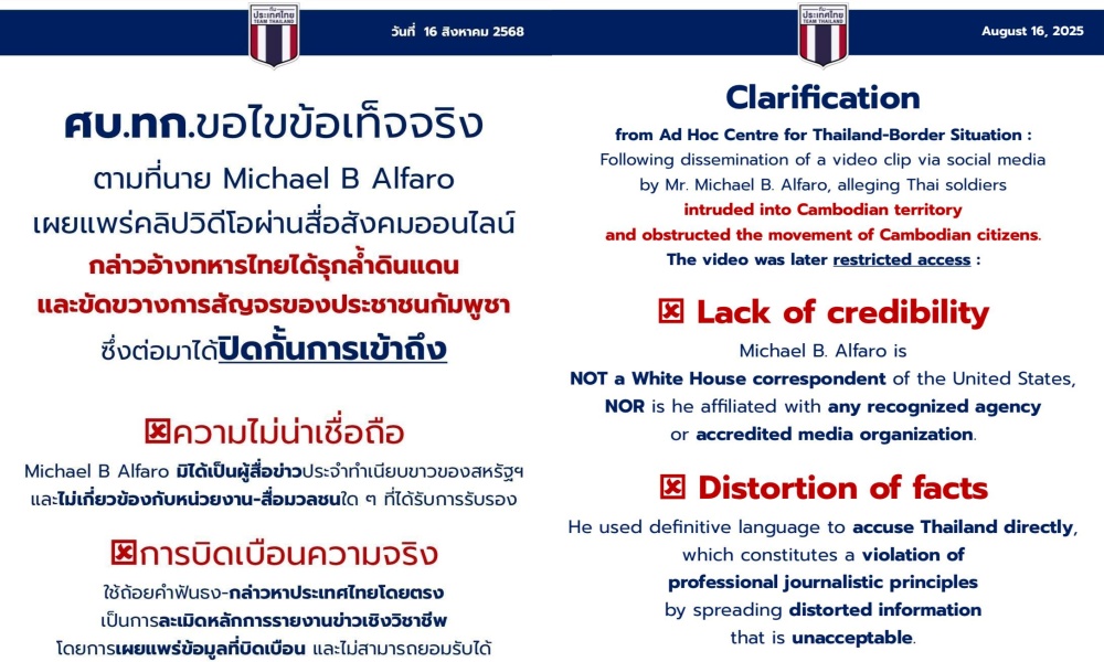 "ศบ.ทก." โต้คลิป "ไมเคิล" ใส่ร้ายบิดเบือนข้อเท็จจริง ละเมิดหลักการรายงานข่าว ย้ำไทยไม่เคยบุกรุก