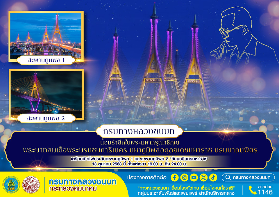 ทช.เตรียมเปิดไฟประดับสะพานภูมิพล 1 และสะพานภูมิพล 2 "วันนวมินทรมหาราช" 13 ตุลาคม 2568 นี้ ตั้งแต่เวลา 19.00 น. ถึง 24.00 น.