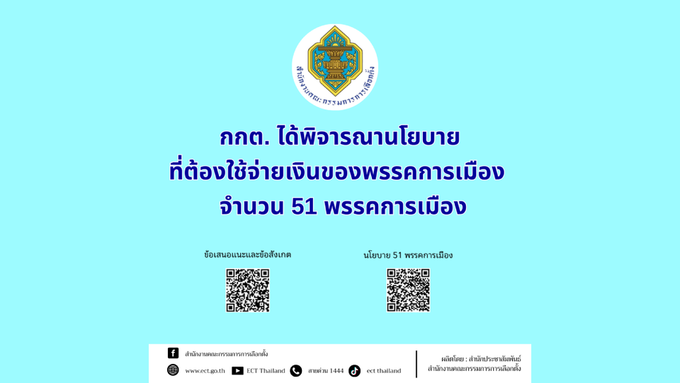 กกต. ได้พิจารณานโยบายที่ต้องใช้จ่ายเงินของพรรคการเมือง จำนวน 51 พรรคการเมือง