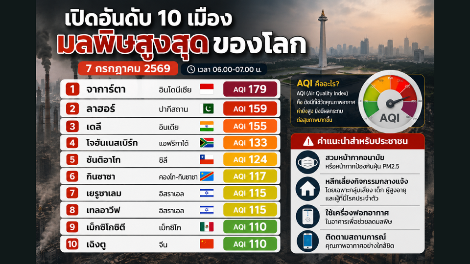 เปิดอันดับ 10 เมืองมลพิษสูงสุดของโลก 07/07/69 "จาการ์ตา" ครองแชมป์ AQI พุ่ง 179