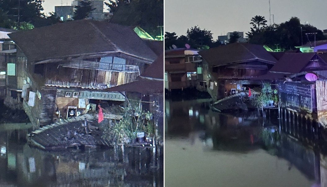บ้านไม้ริมคลองมอญทรุดตัวเสียหาย 2 หลังคาดน้ำเซาะตลิ่งพัง