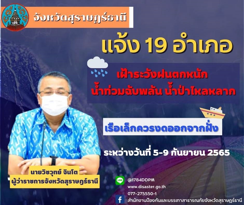 สุราษฎร์ฯ เตือน 5-9 ก.ย. ระวังฝนตกหนักน้ำท่วม คลื่นลมแรงเรือเล็กงดออกฝั่ง