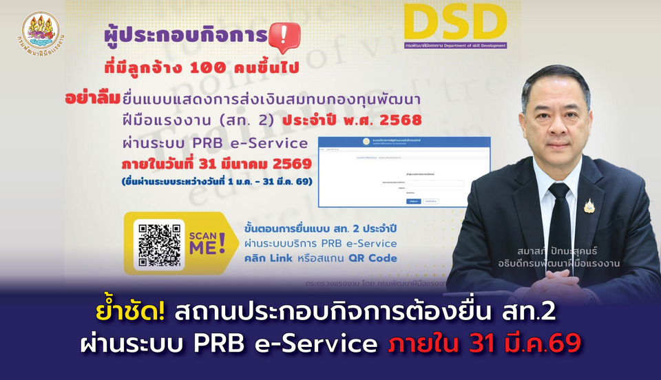 ย้ำชัด! สถานประกอบกิจการต้องยื่น สท.2 ผ่านระบบ PRB e-Service ภายใน 31 มี.ค. 69