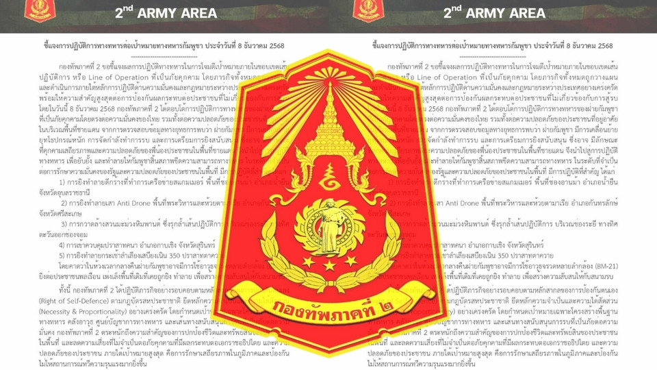 กองทัพภาคที่ 2 แจงปฏิบัติการตอบโต้กัมพูชา ย้ำรักษาความมั่นคง–คุ้มครองประชาชน เดินตามกฎหมายระหว่างประเทศอย่างเคร่งครัด