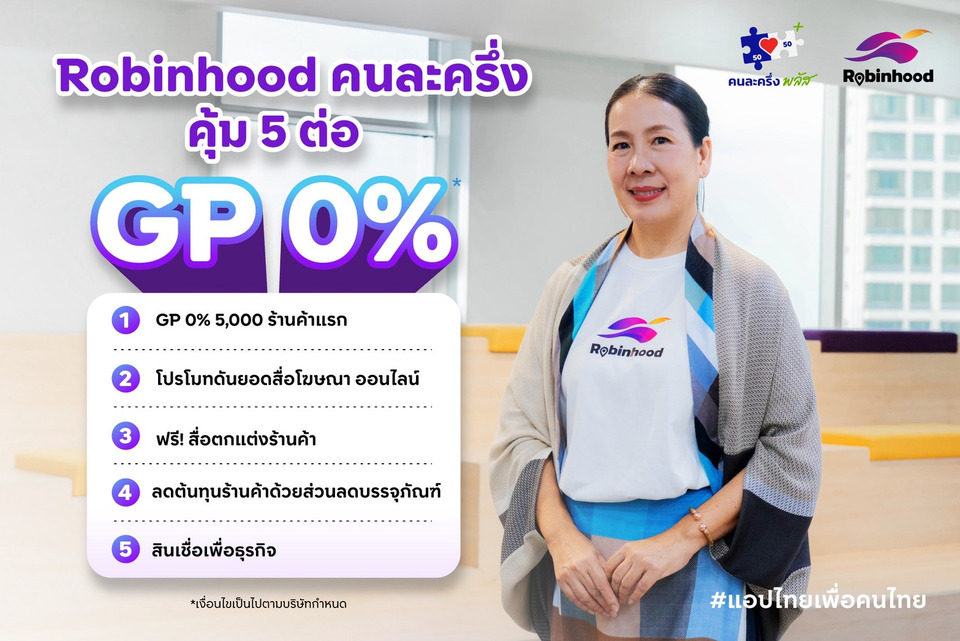 สั่งลุย! Robinhood GP 0% ขานรับนโยบายคนละครึ่ง หนุนร้านค้าไทย ลดภาระค่าครองชีพ แอปไทยเพื่อคนไทย