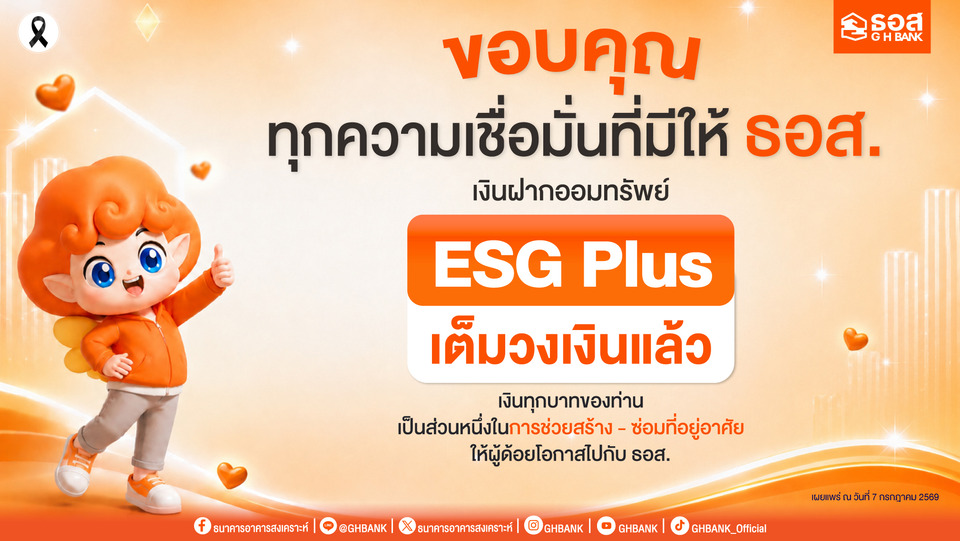 เงินฝากออมทรัพย์ ESG Plus ธอส. เต็มวงเงินแล้ว สะท้อนพลังการออมเพื่อสังคม ร่วมสร้าง-ซ่อมที่อยู่อาศัย ให้ผู้ด้อยโอกาส