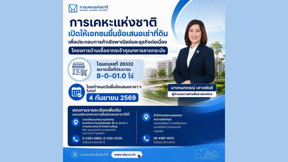 การเคหะแห่งชาติเปิดให้เอกชนยื่นข้อเสนอเช่าที่ดิน เพื่อประกอบการค้าเชิงพาณิชย์และธุรกิจต่อเนื่อง