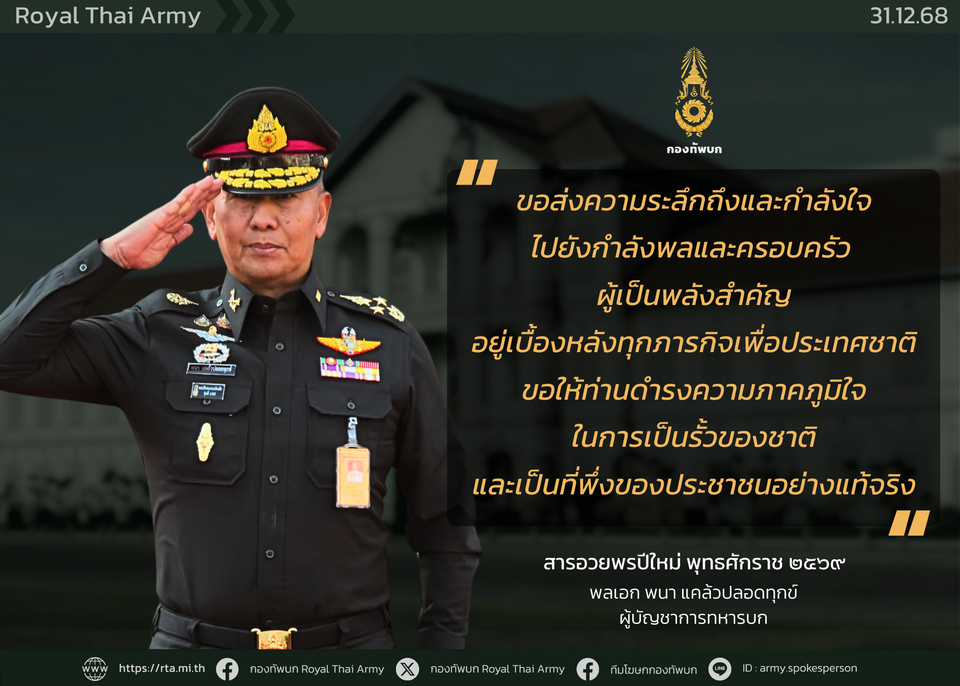 “บิ๊กปู”ส่งสารปีใหม่ ขอบคุณกำลังพล–ครอบครัว เสียสละ ทุ่มเท ปกป้องอธิปไตยของชาติ