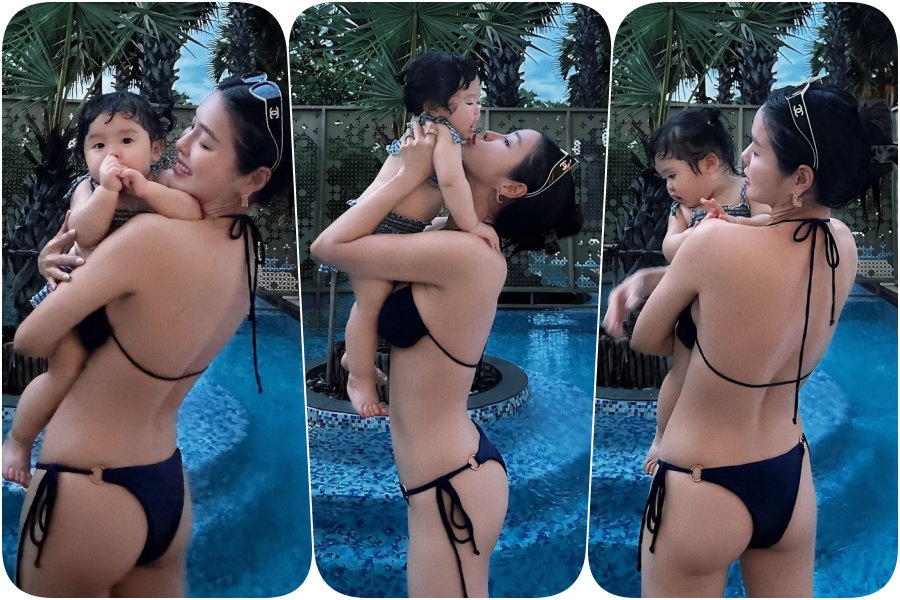 ไม่รู้โฟกัสแม่หรือลูก!?! "แอร์ ภัณฑิลา" นุ่งบิกินีสีดำตัวจิ๋วอุ้ม "น้องฑิลาร์" อวดหุ่นแซ่บ