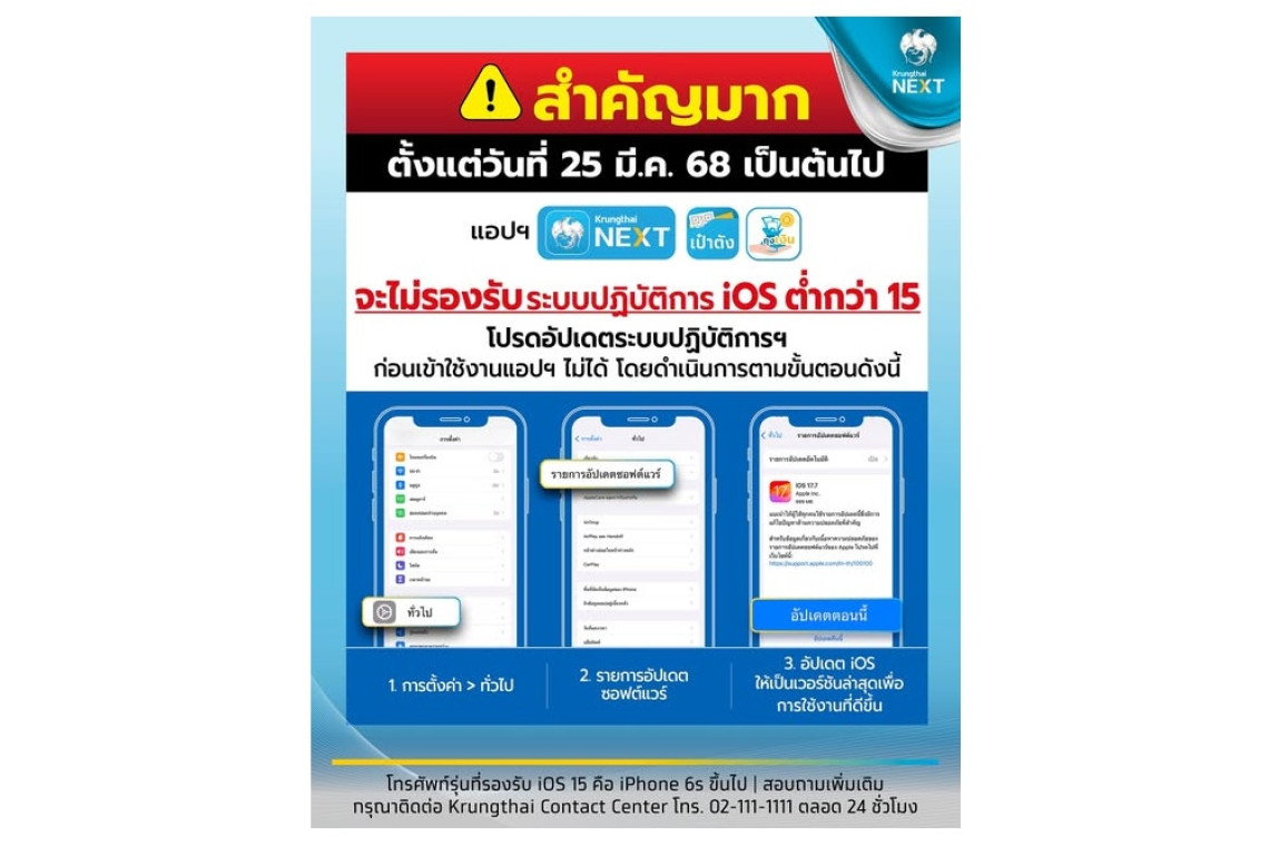 รีบด่วนก่อนใช้ไม่ได้! "ธนาคารกรุงไทย" เตือนลูกค้าแอปฯ Krungthai NEXT รีบอัปเดตระบบก่อน 25 มี.ค.68 