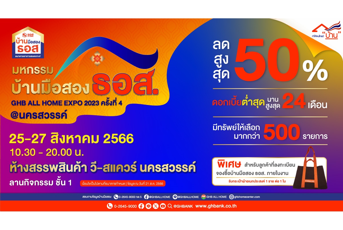 ธอส.จัดงานมหกรรมบ้านมือสอง ธอส. GHB ALL HOME EXPO 2023 ครั้งที่ 4 @นครสวรรค์ นำทรัพย์เด่น ทำเลดี ราคาคุ้มค่า ลดสูงสุด 50% 