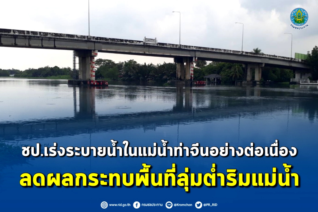 ชป. เร่งระบายน้ำในแม่น้ำท่าจีนอย่างต่อเนื่อง ลดผลกระทบพื้นที่ลุ่มต่ำริมแม่น้ำ