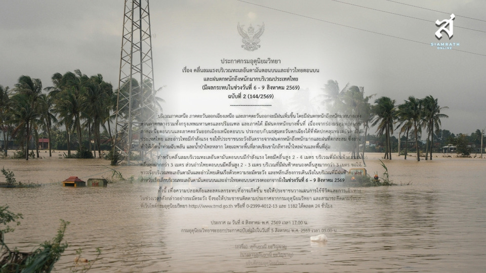 กรมอุตุฯ เตือนฉบับ 2 ฝนถล่ม 6-9 ส.ค.69 ทั่วไทย เสี่ยงน้ำท่วมฉับพลัน-คลื่นสูง 4 เมตร เรือเล็กงดออกฝั่ง
